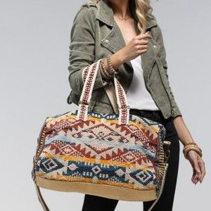 Handmade Boho Chic Weekender Bag woven Navajo cotton duffel shoulder carpet bag